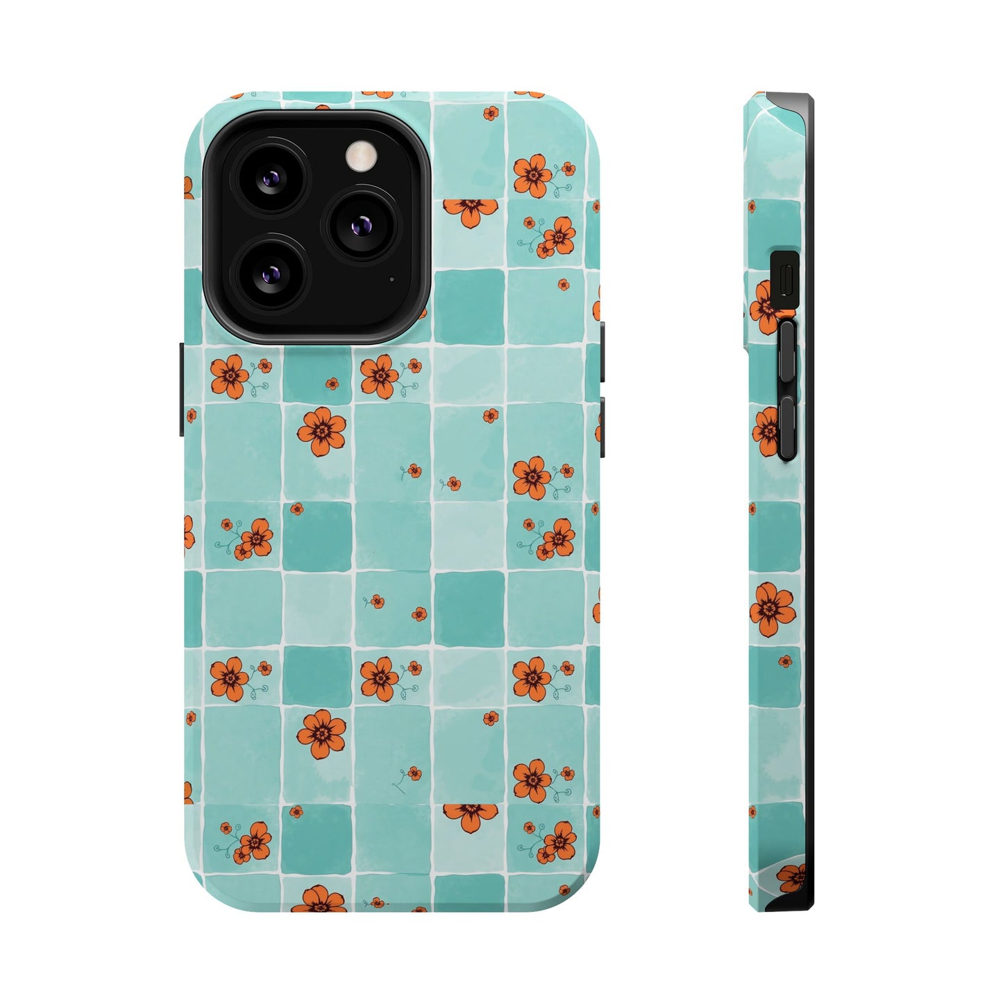 Floral Checkerboard Phone Case — Turquoise Retro Tile Pattern, Magnetic Impact-Resistant