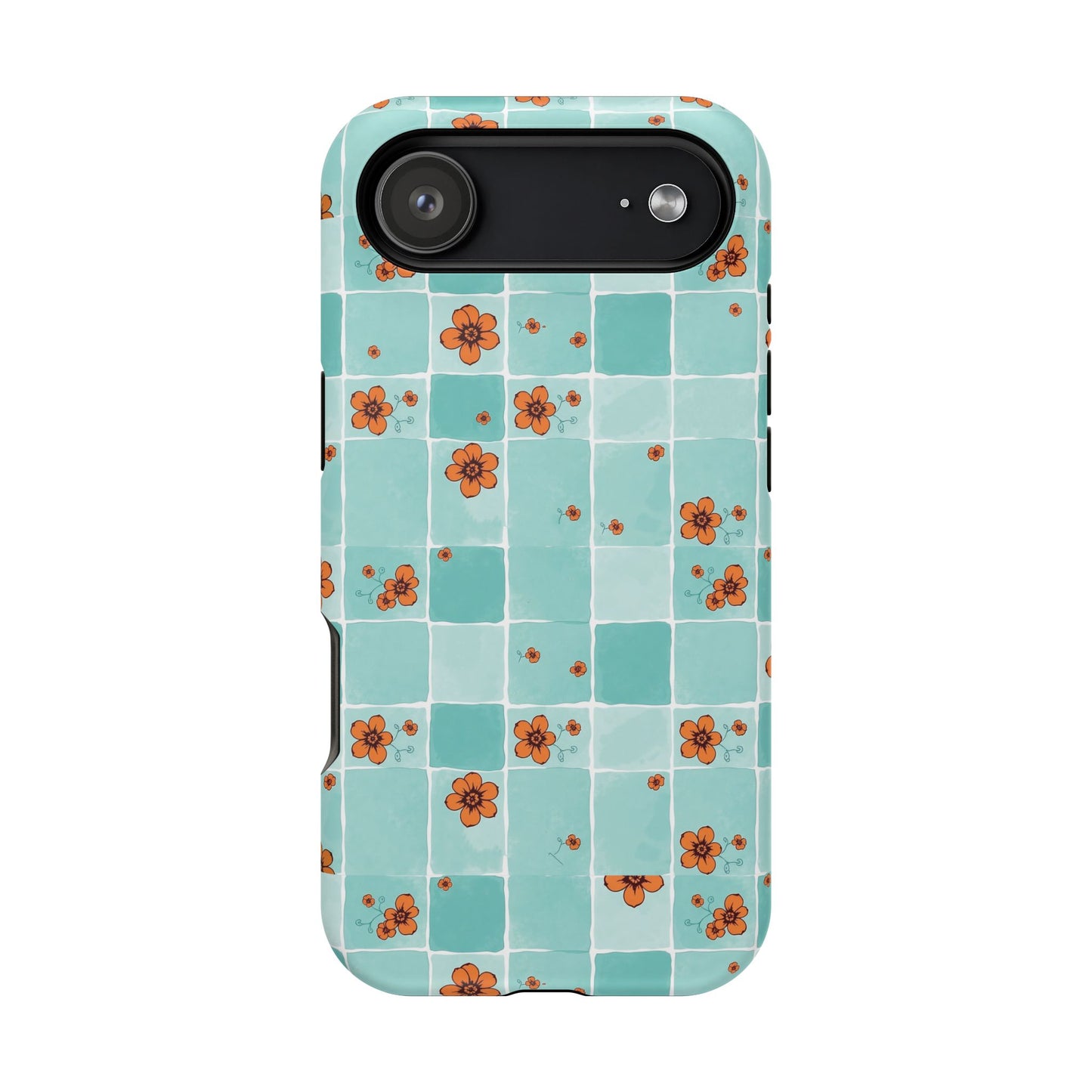 Floral Checkerboard Phone Case — Turquoise Retro Tile Pattern, Magnetic Impact-Resistant