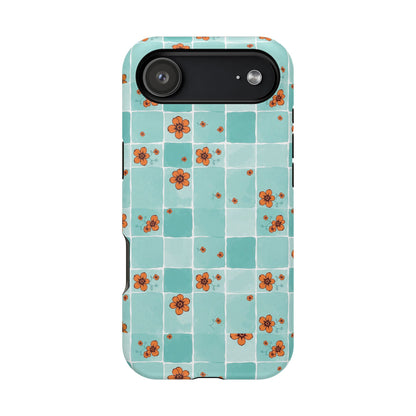 Floral Checkerboard Phone Case — Turquoise Retro Tile Pattern, Magnetic Impact-Resistant