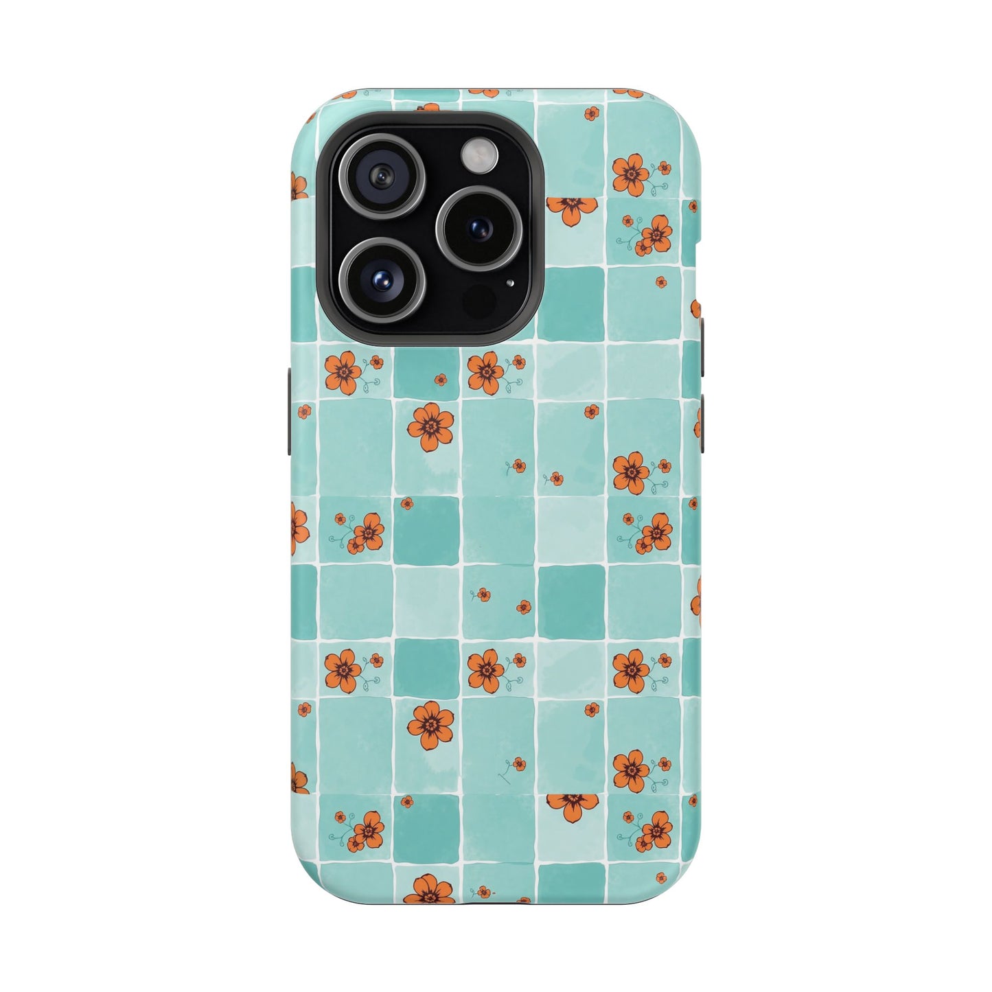 Floral Checkerboard Phone Case — Turquoise Retro Tile Pattern, Magnetic Impact-Resistant