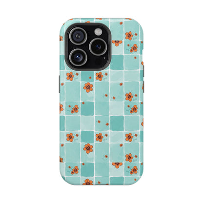 Floral Checkerboard Phone Case — Turquoise Retro Tile Pattern, Magnetic Impact-Resistant