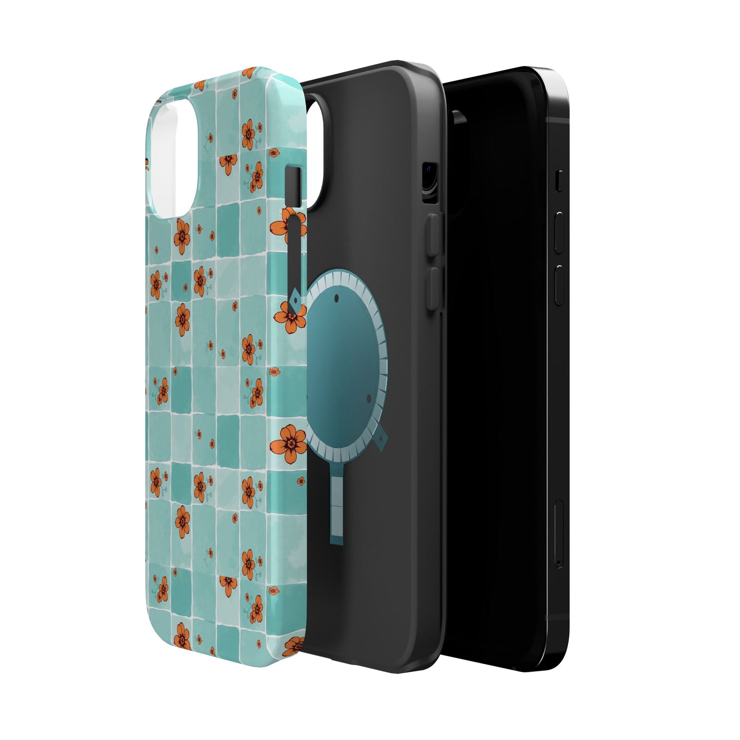Floral Checkerboard Phone Case — Turquoise Retro Tile Pattern, Magnetic Impact-Resistant