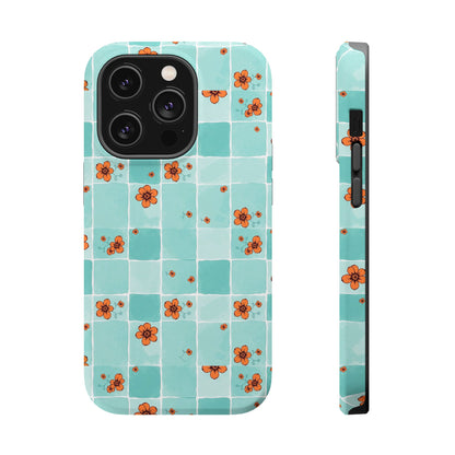 Floral Checkerboard Phone Case — Turquoise Retro Tile Pattern, Magnetic Impact-Resistant