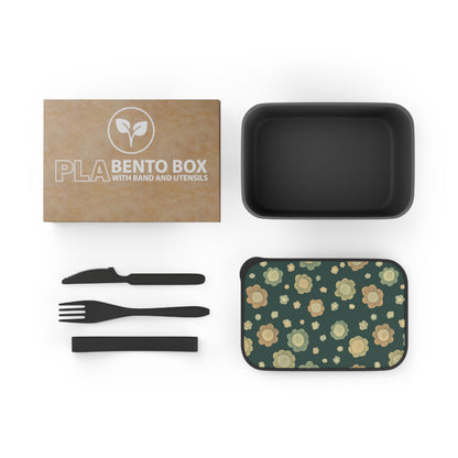 Floral Eco PLA Bento Box with Band & Utensils — Vintage Green Lunch Container