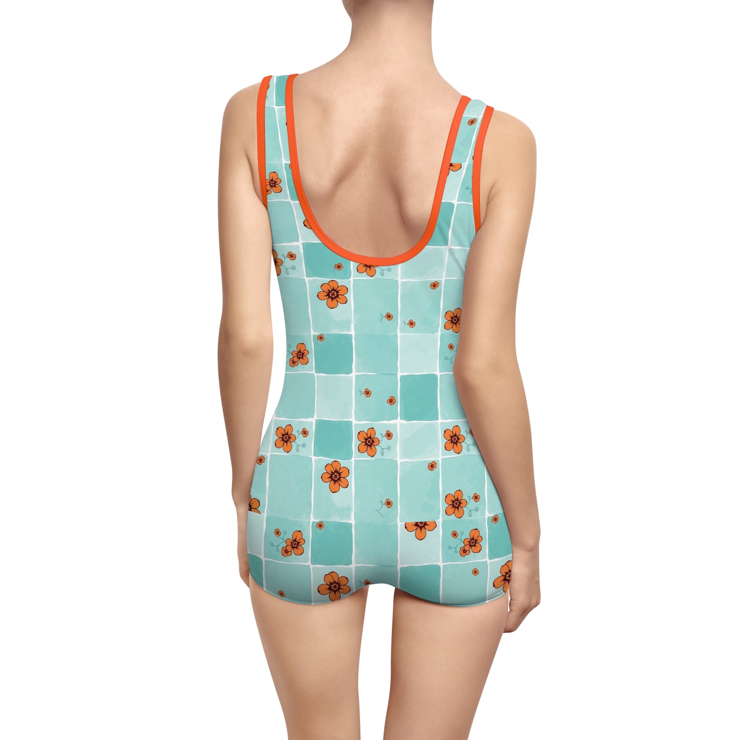 Vintage Aqua Tile Floral One-Piece Swimsuit
