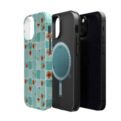 Floral Checkerboard Phone Case — Turquoise Retro Tile Pattern, Magnetic Impact-Resistant