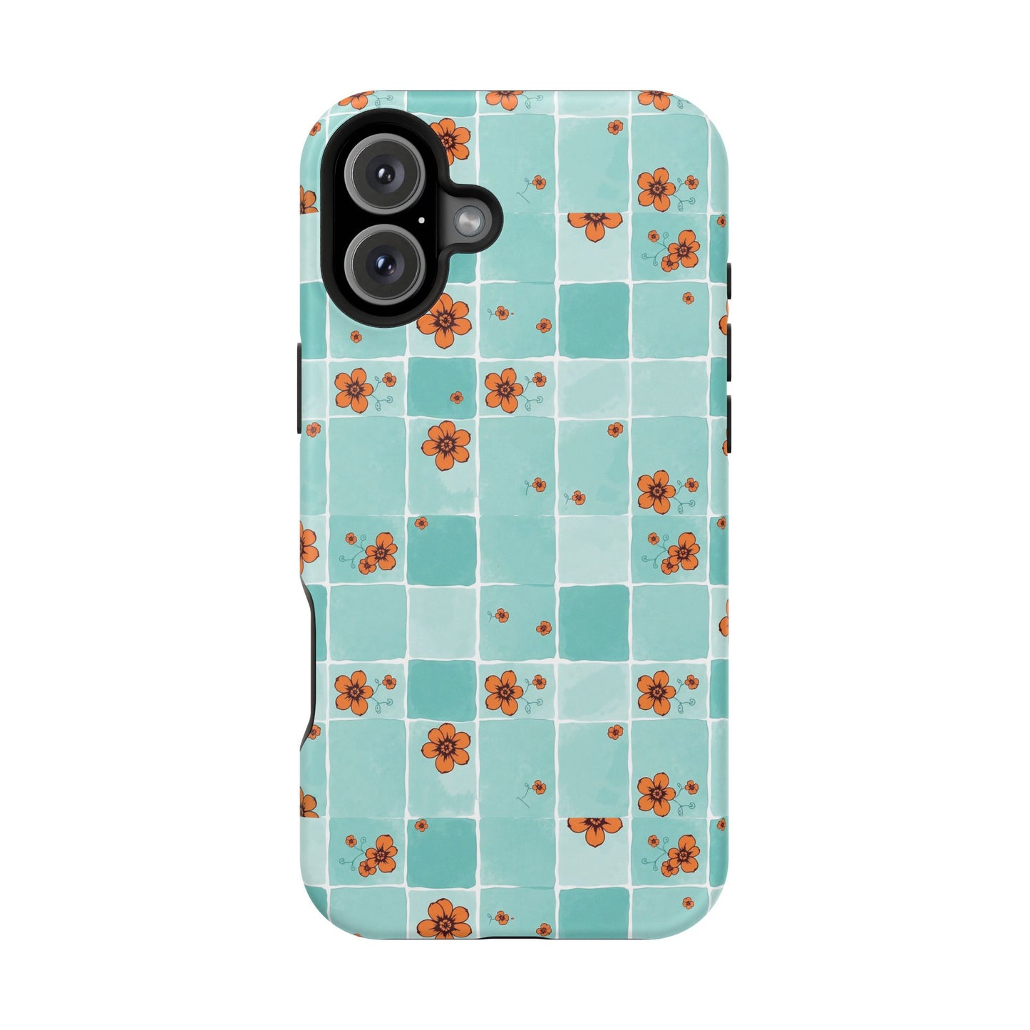 Floral Checkerboard Phone Case — Turquoise Retro Tile Pattern, Magnetic Impact-Resistant
