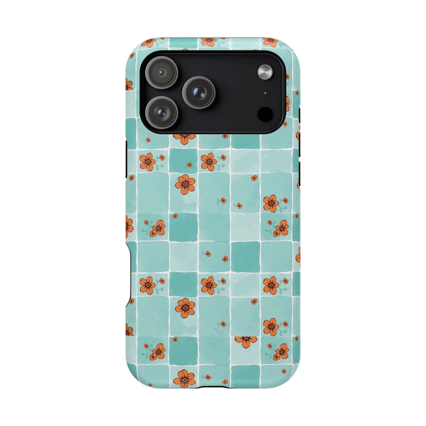 Floral Checkerboard Phone Case — Turquoise Retro Tile Pattern, Magnetic Impact-Resistant
