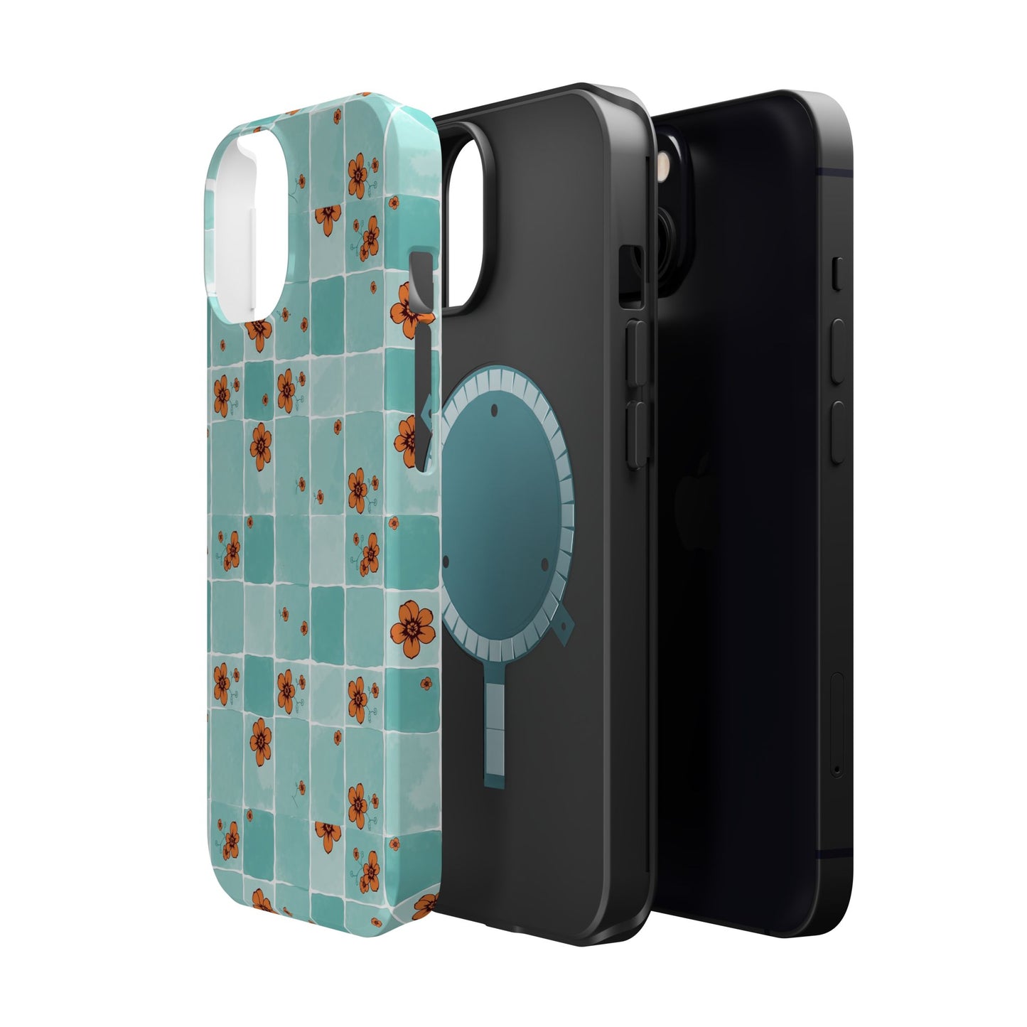 Floral Checkerboard Phone Case — Turquoise Retro Tile Pattern, Magnetic Impact-Resistant