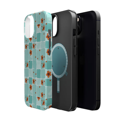 Floral Checkerboard Phone Case — Turquoise Retro Tile Pattern, Magnetic Impact-Resistant