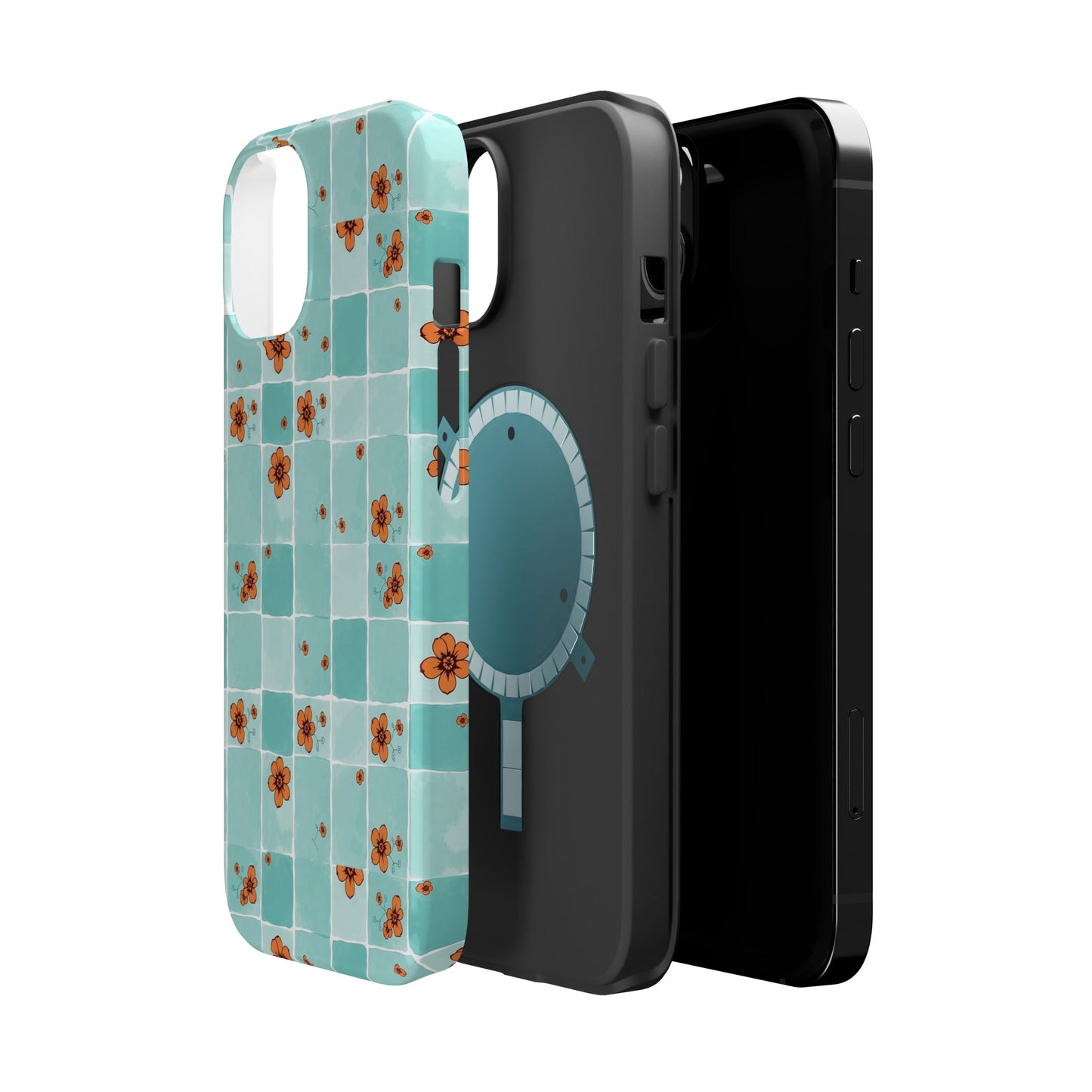 Floral Checkerboard Phone Case — Turquoise Retro Tile Pattern, Magnetic Impact-Resistant