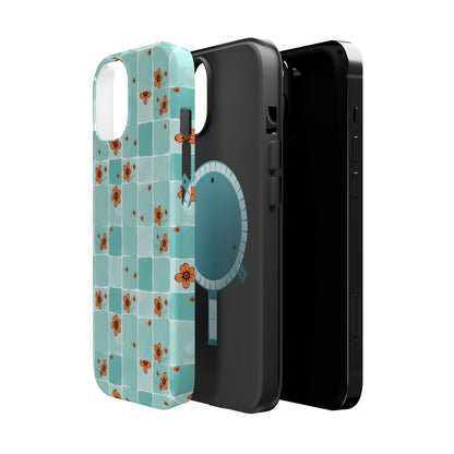 Floral Checkerboard Phone Case — Turquoise Retro Tile Pattern, Magnetic Impact-Resistant