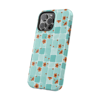Floral Checkerboard Phone Case — Turquoise Retro Tile Pattern, Magnetic Impact-Resistant