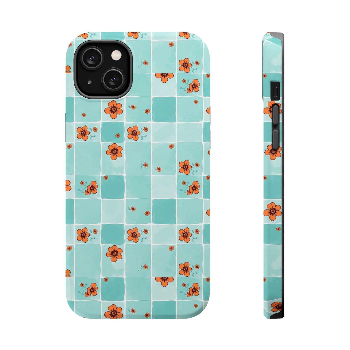 Floral Checkerboard Phone Case — Turquoise Retro Tile Pattern, Magnetic Impact-Resistant