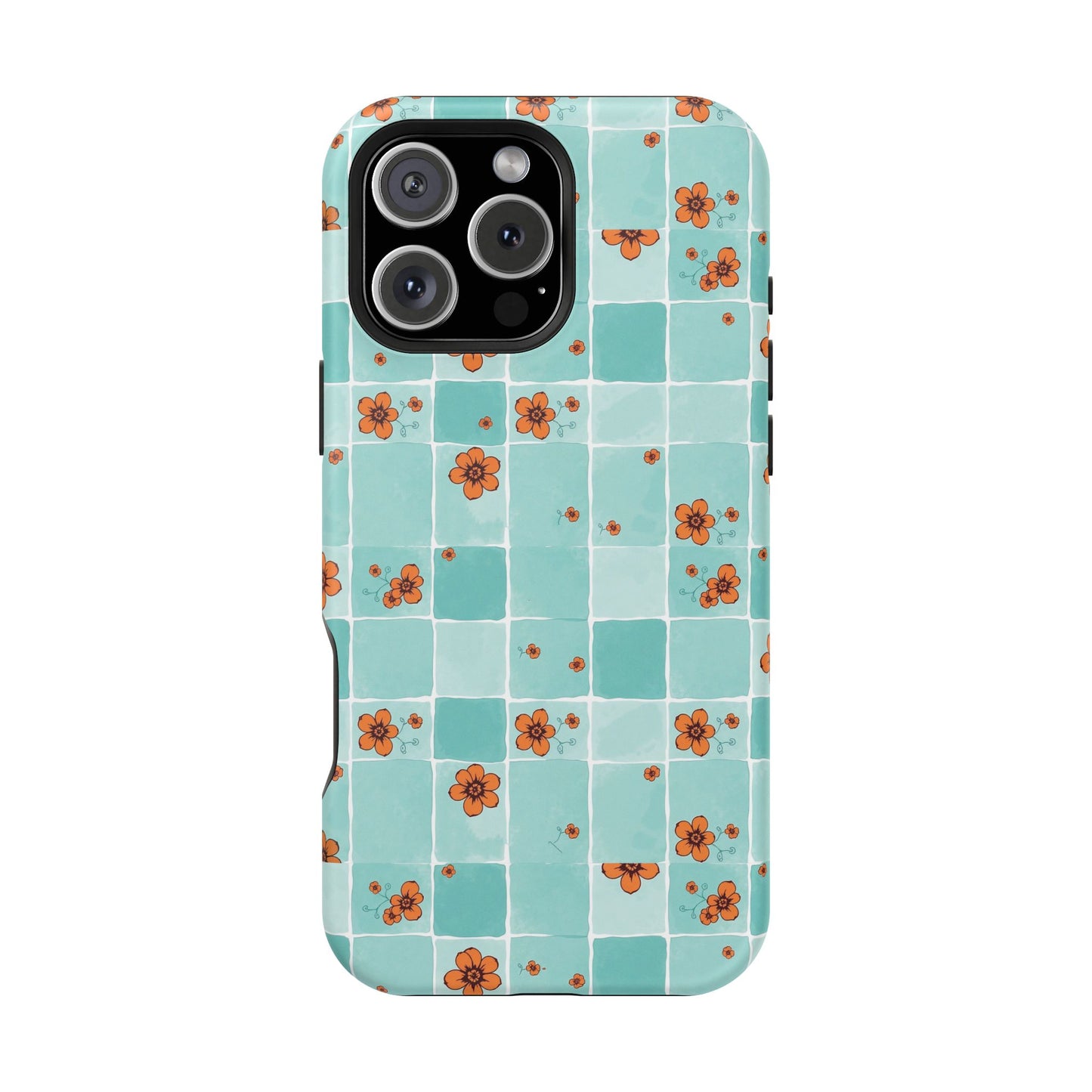Floral Checkerboard Phone Case — Turquoise Retro Tile Pattern, Magnetic Impact-Resistant