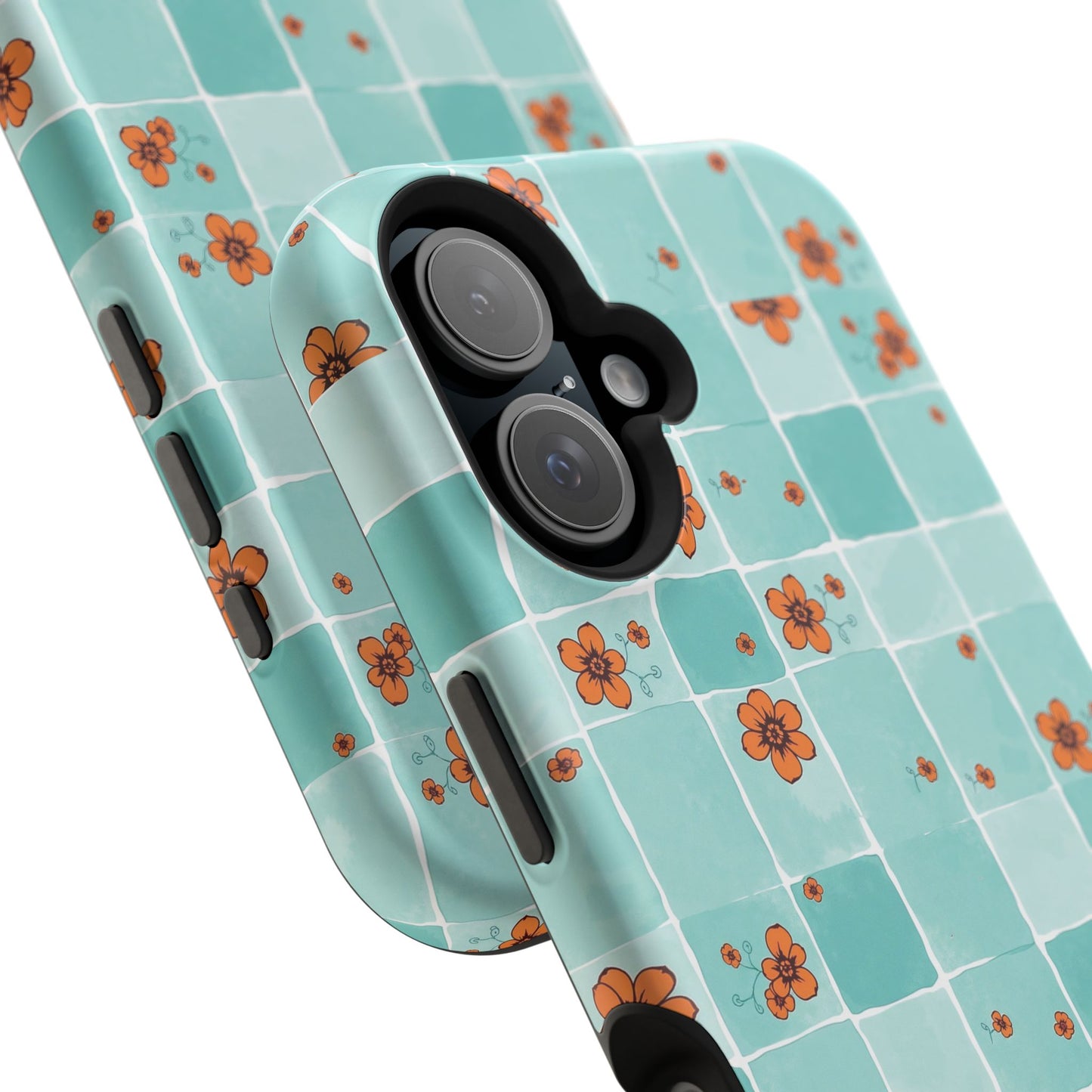Floral Checkerboard Phone Case — Turquoise Retro Tile Pattern, Magnetic Impact-Resistant