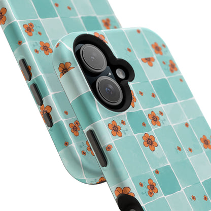 Floral Checkerboard Phone Case — Turquoise Retro Tile Pattern, Magnetic Impact-Resistant