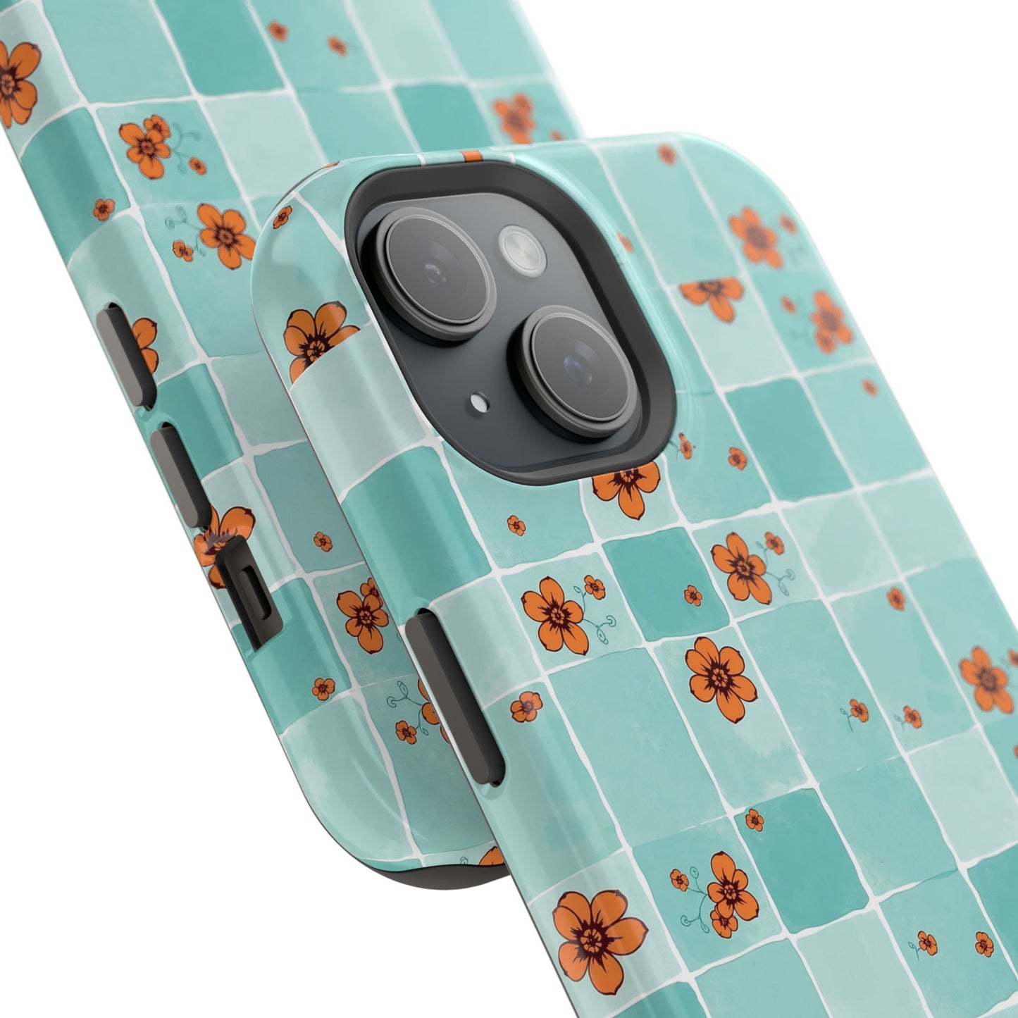 Floral Checkerboard Phone Case — Turquoise Retro Tile Pattern, Magnetic Impact-Resistant