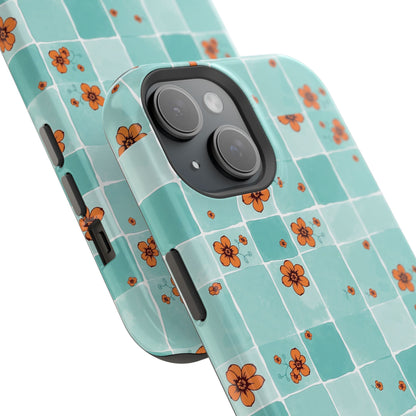 Floral Checkerboard Phone Case — Turquoise Retro Tile Pattern, Magnetic Impact-Resistant