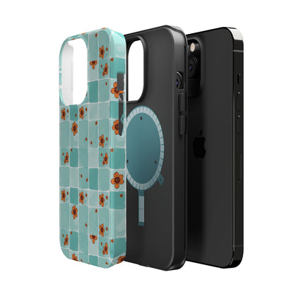 Floral Checkerboard Phone Case — Turquoise Retro Tile Pattern, Magnetic Impact-Resistant