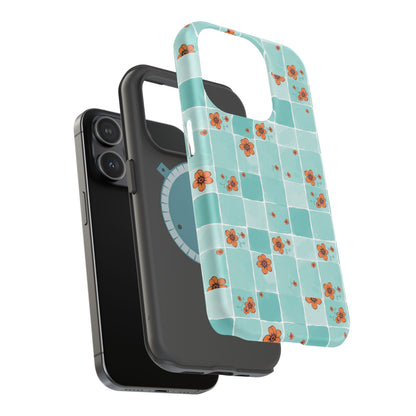 Floral Checkerboard Phone Case — Turquoise Retro Tile Pattern, Magnetic Impact-Resistant