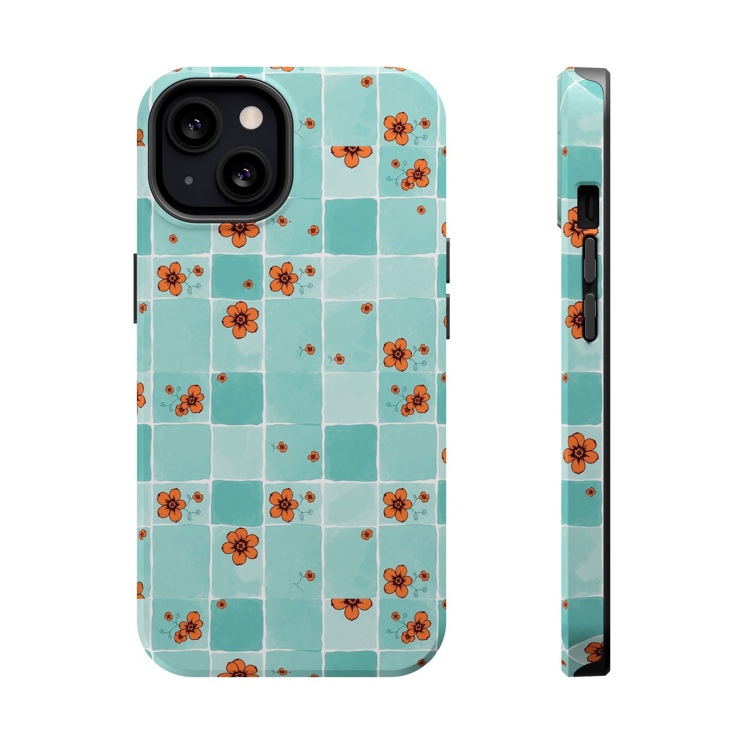Floral Checkerboard Phone Case — Turquoise Retro Tile Pattern, Magnetic Impact-Resistant