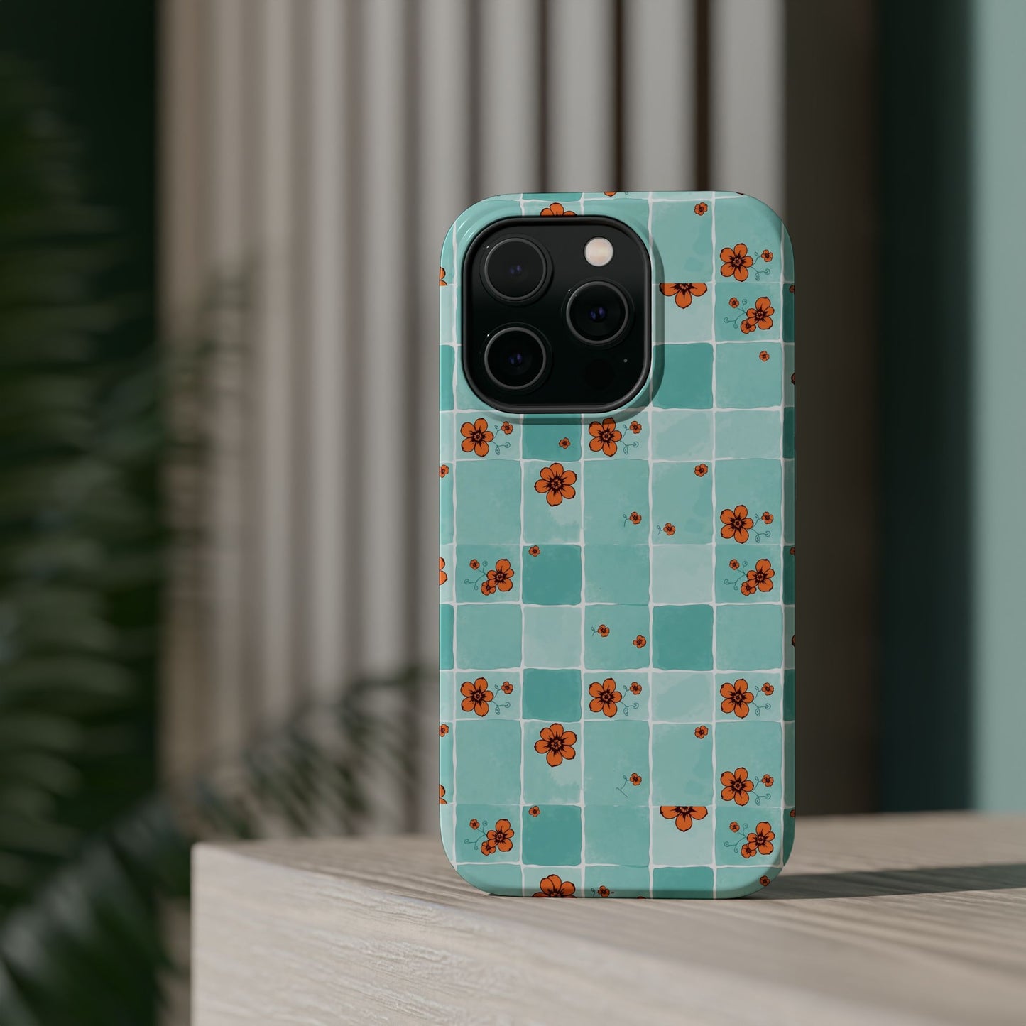 Floral Checkerboard Phone Case — Turquoise Retro Tile Pattern, Magnetic Impact-Resistant