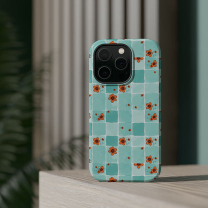 Floral Checkerboard Phone Case — Turquoise Retro Tile Pattern, Magnetic Impact-Resistant