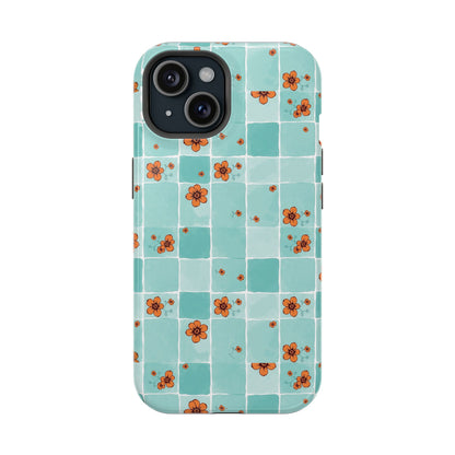 Floral Checkerboard Phone Case — Turquoise Retro Tile Pattern, Magnetic Impact-Resistant