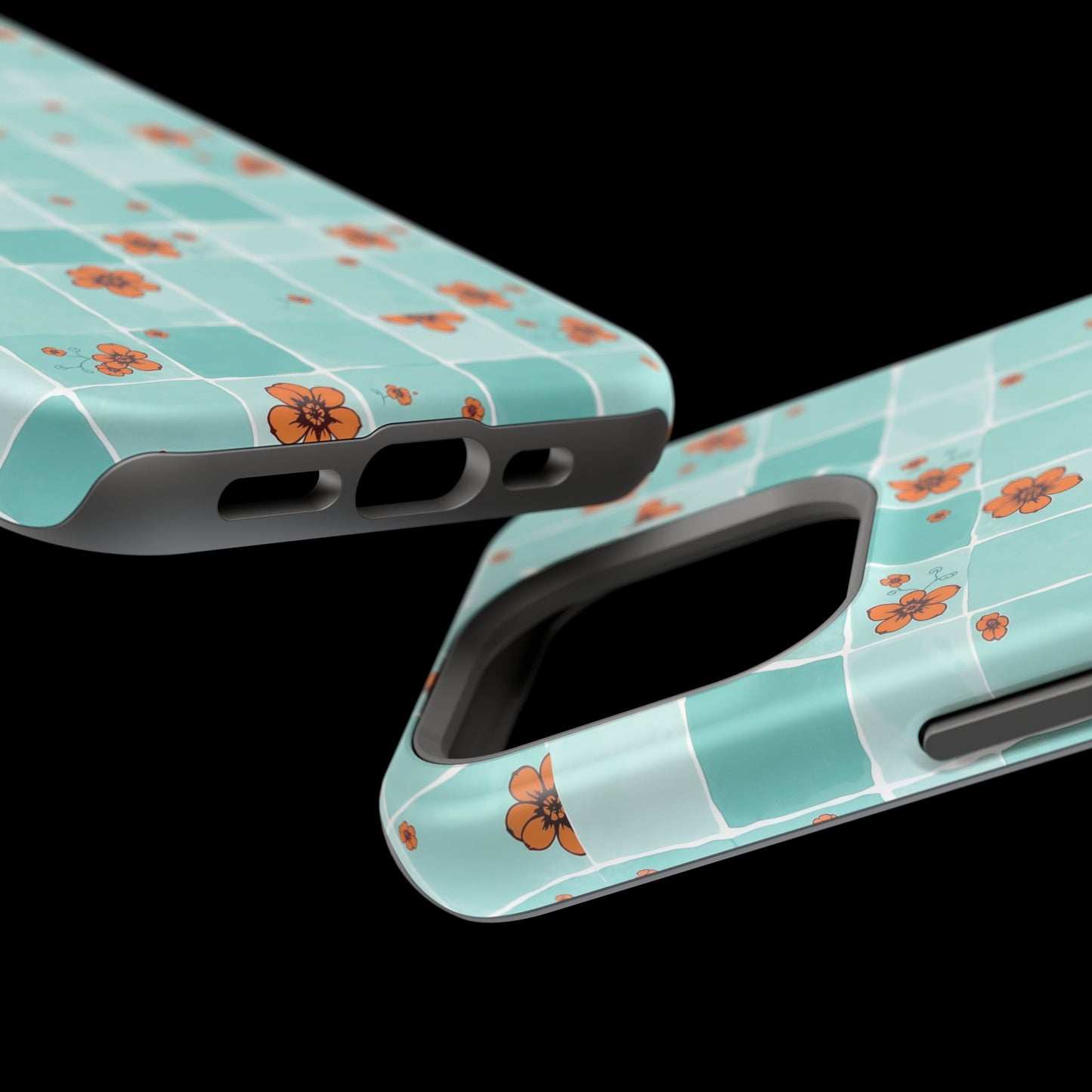 Floral Checkerboard Phone Case — Turquoise Retro Tile Pattern, Magnetic Impact-Resistant