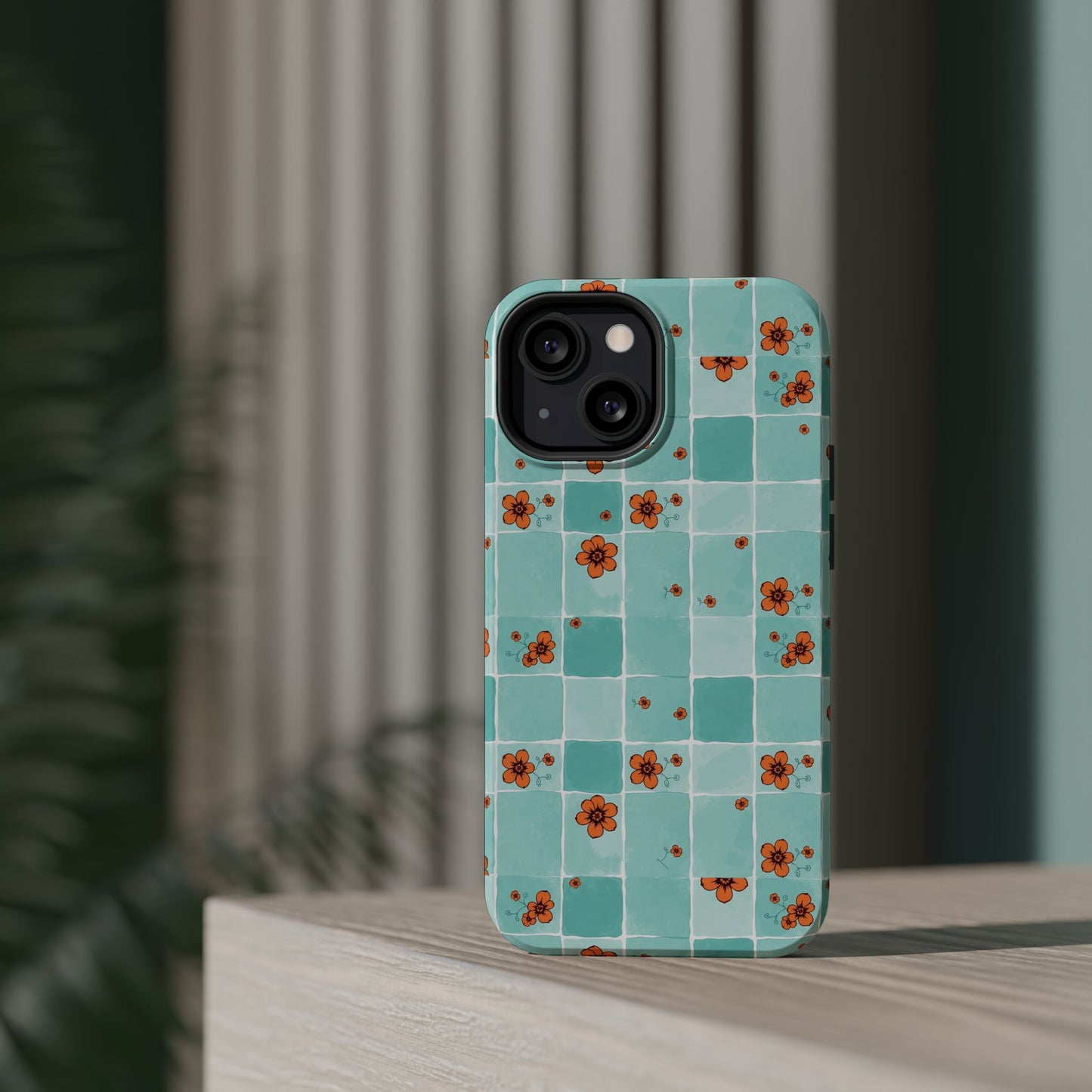 Floral Checkerboard Phone Case — Turquoise Retro Tile Pattern, Magnetic Impact-Resistant