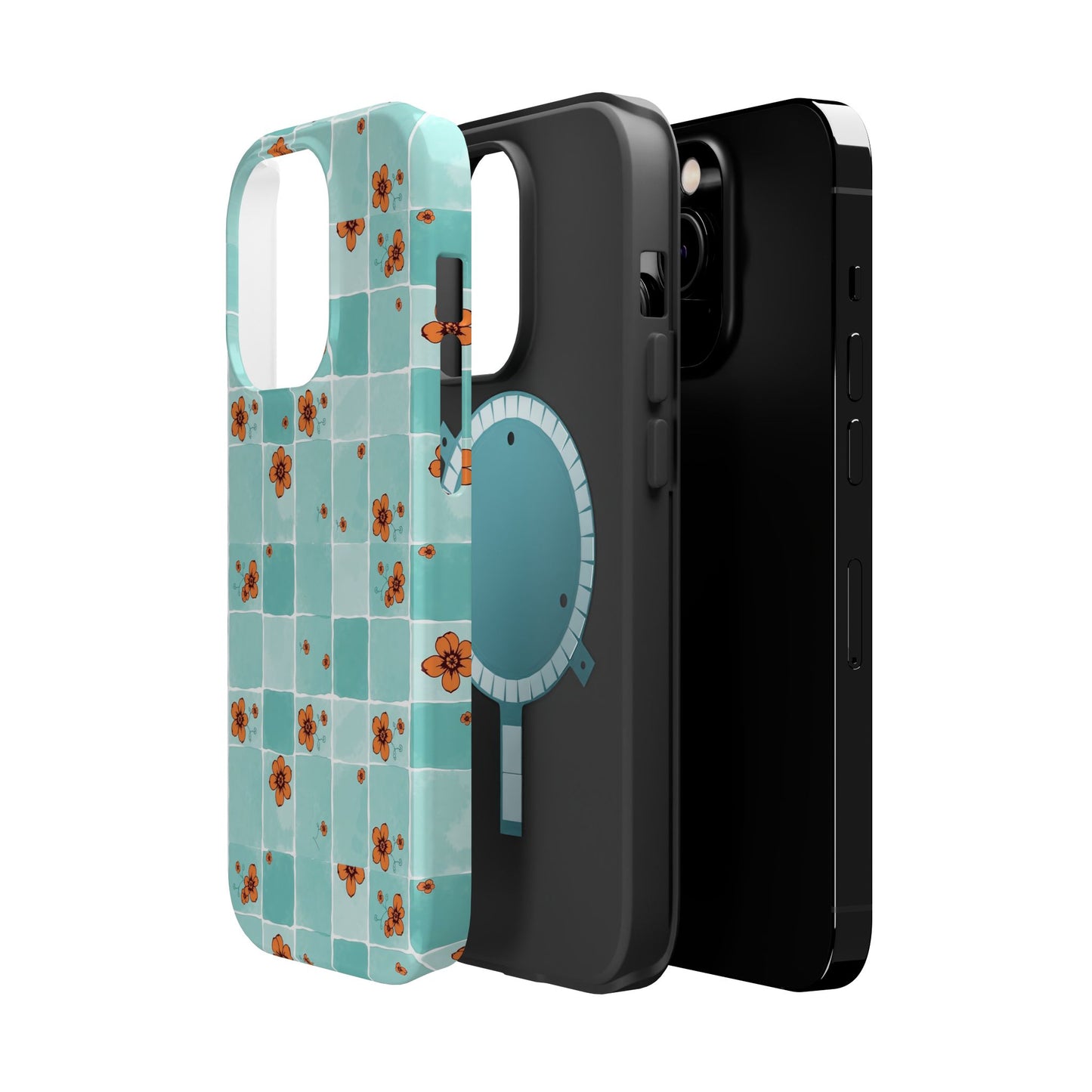 Floral Checkerboard Phone Case — Turquoise Retro Tile Pattern, Magnetic Impact-Resistant