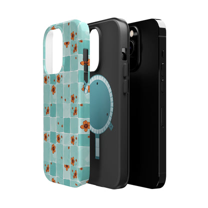 Floral Checkerboard Phone Case — Turquoise Retro Tile Pattern, Magnetic Impact-Resistant