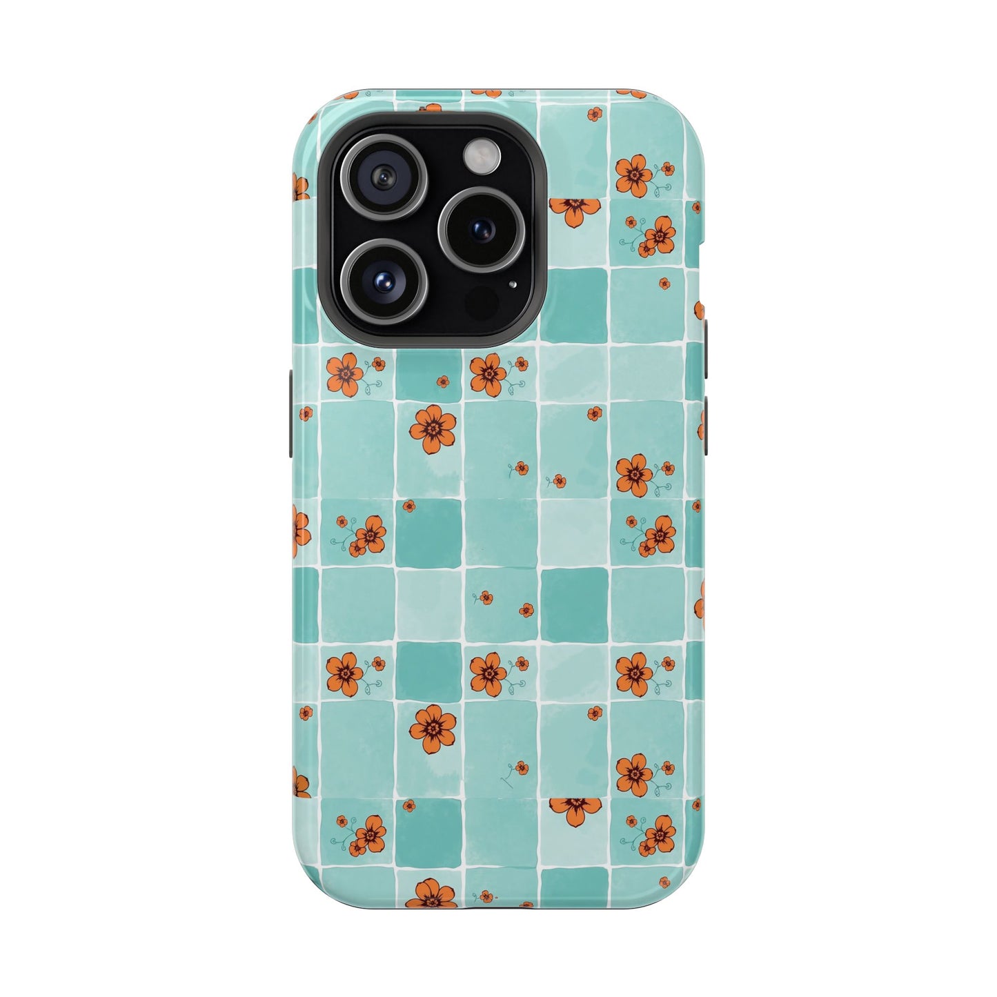Floral Checkerboard Phone Case — Turquoise Retro Tile Pattern, Magnetic Impact-Resistant