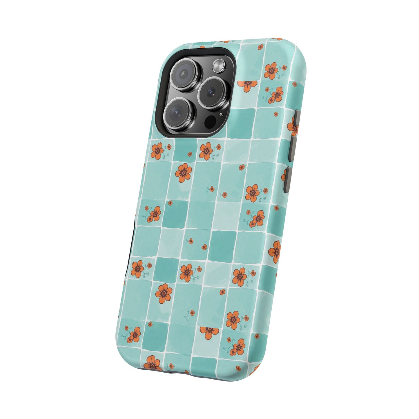 Floral Checkerboard Phone Case — Turquoise Retro Tile Pattern, Magnetic Impact-Resistant