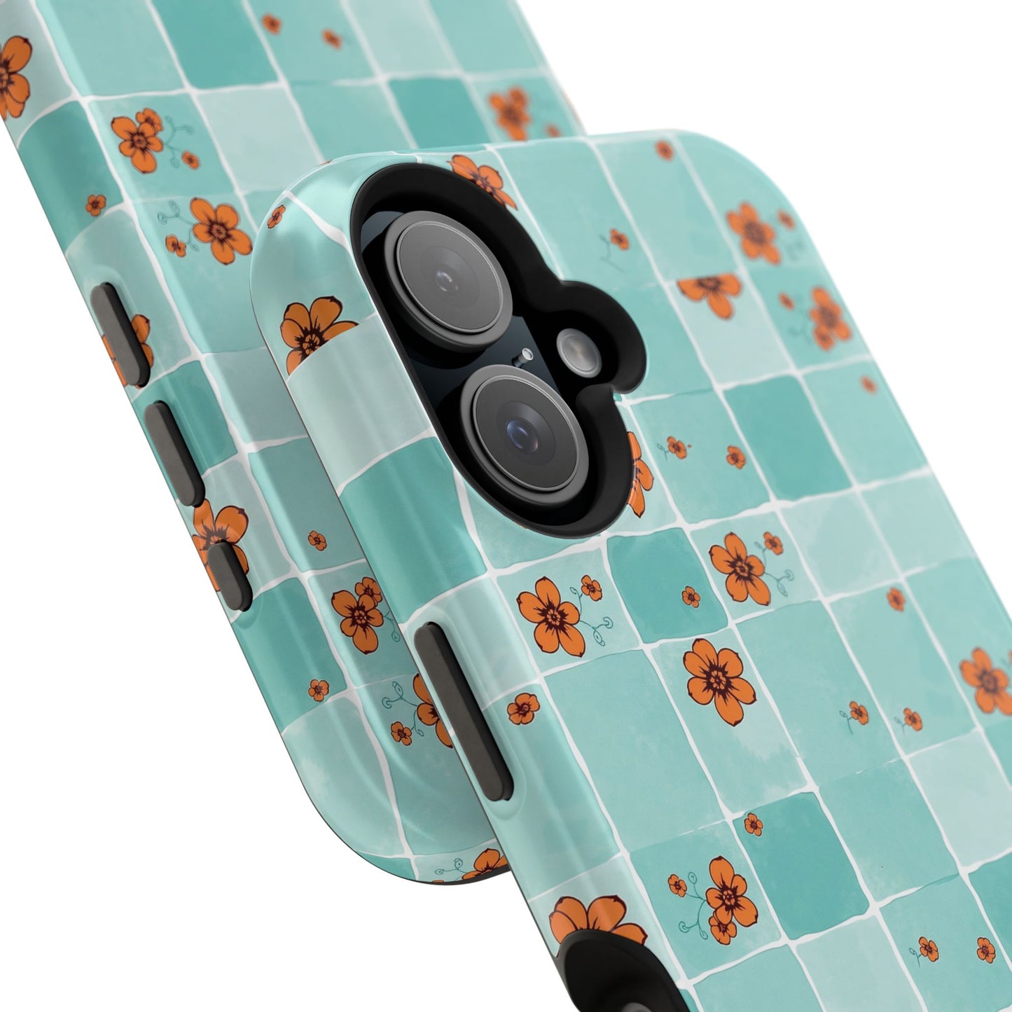 Floral Checkerboard Phone Case — Turquoise Retro Tile Pattern, Magnetic Impact-Resistant