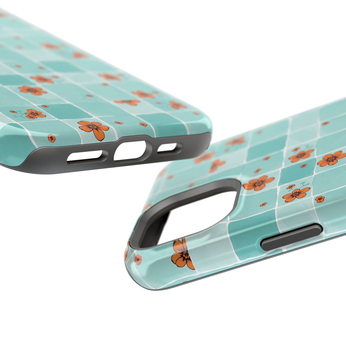 Floral Checkerboard Phone Case — Turquoise Retro Tile Pattern, Magnetic Impact-Resistant