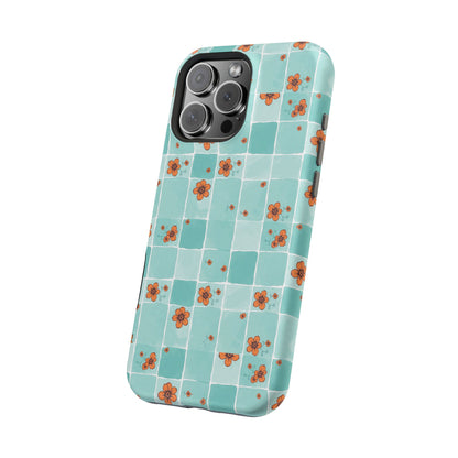 Floral Checkerboard Phone Case — Turquoise Retro Tile Pattern, Magnetic Impact-Resistant
