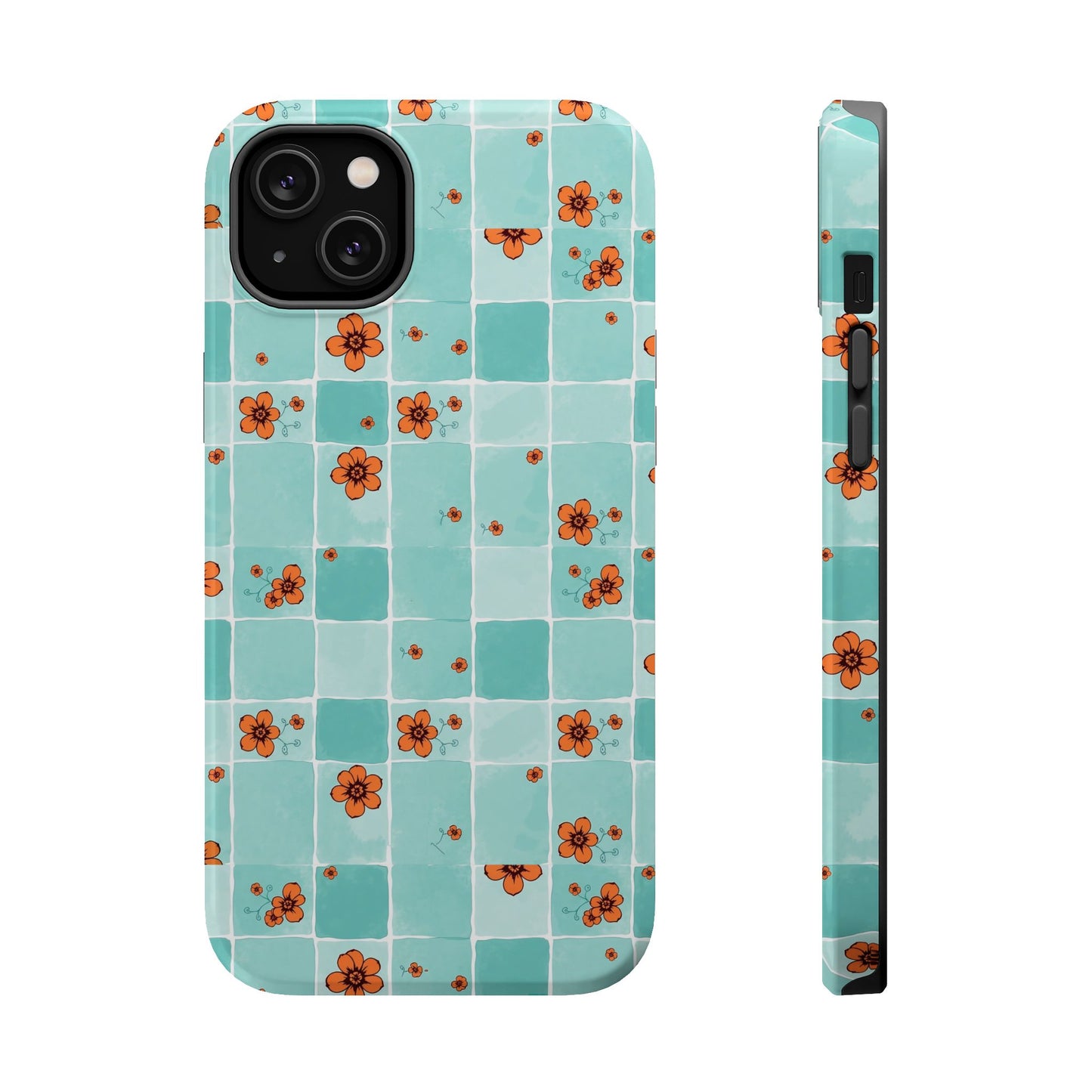 Floral Checkerboard Phone Case — Turquoise Retro Tile Pattern, Magnetic Impact-Resistant