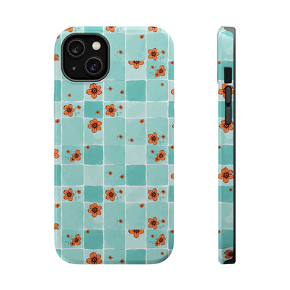 Floral Checkerboard Phone Case — Turquoise Retro Tile Pattern, Magnetic Impact-Resistant