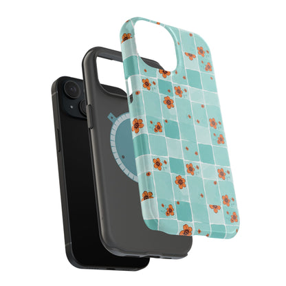 Floral Checkerboard Phone Case — Turquoise Retro Tile Pattern, Magnetic Impact-Resistant