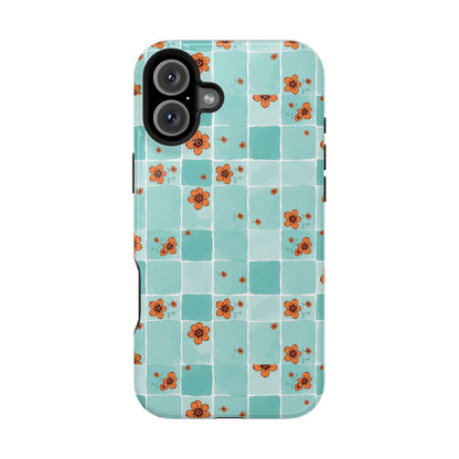 Floral Checkerboard Phone Case — Turquoise Retro Tile Pattern, Magnetic Impact-Resistant