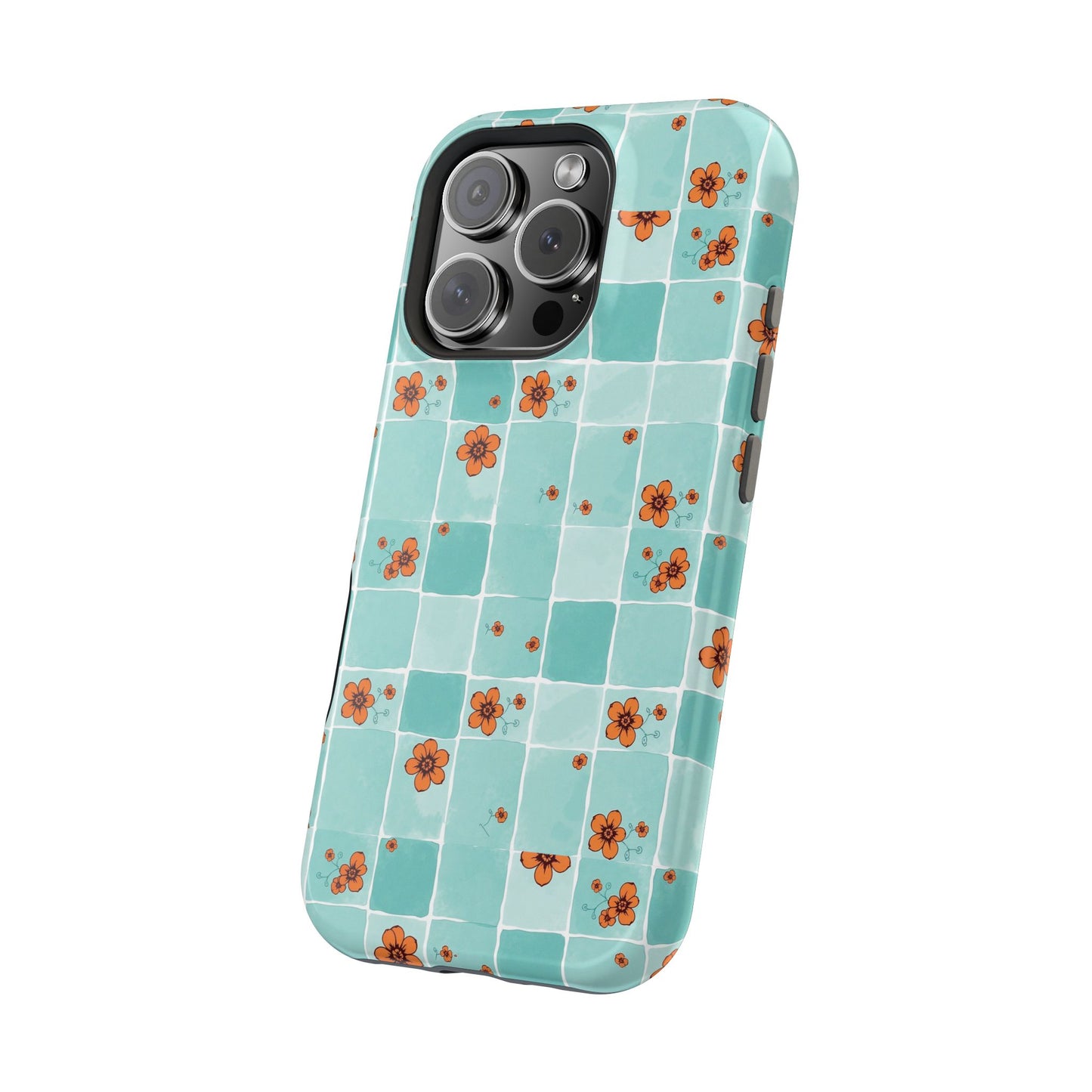 Floral Checkerboard Phone Case — Turquoise Retro Tile Pattern, Magnetic Impact-Resistant