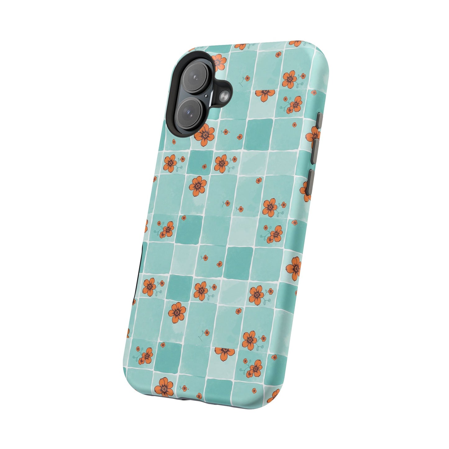 Floral Checkerboard Phone Case — Turquoise Retro Tile Pattern, Magnetic Impact-Resistant