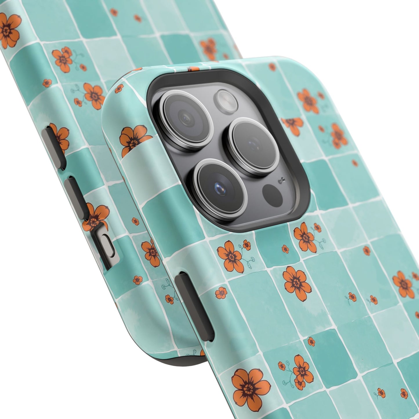 Floral Checkerboard Phone Case — Turquoise Retro Tile Pattern, Magnetic Impact-Resistant