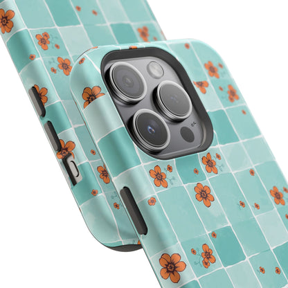 Floral Checkerboard Phone Case — Turquoise Retro Tile Pattern, Magnetic Impact-Resistant