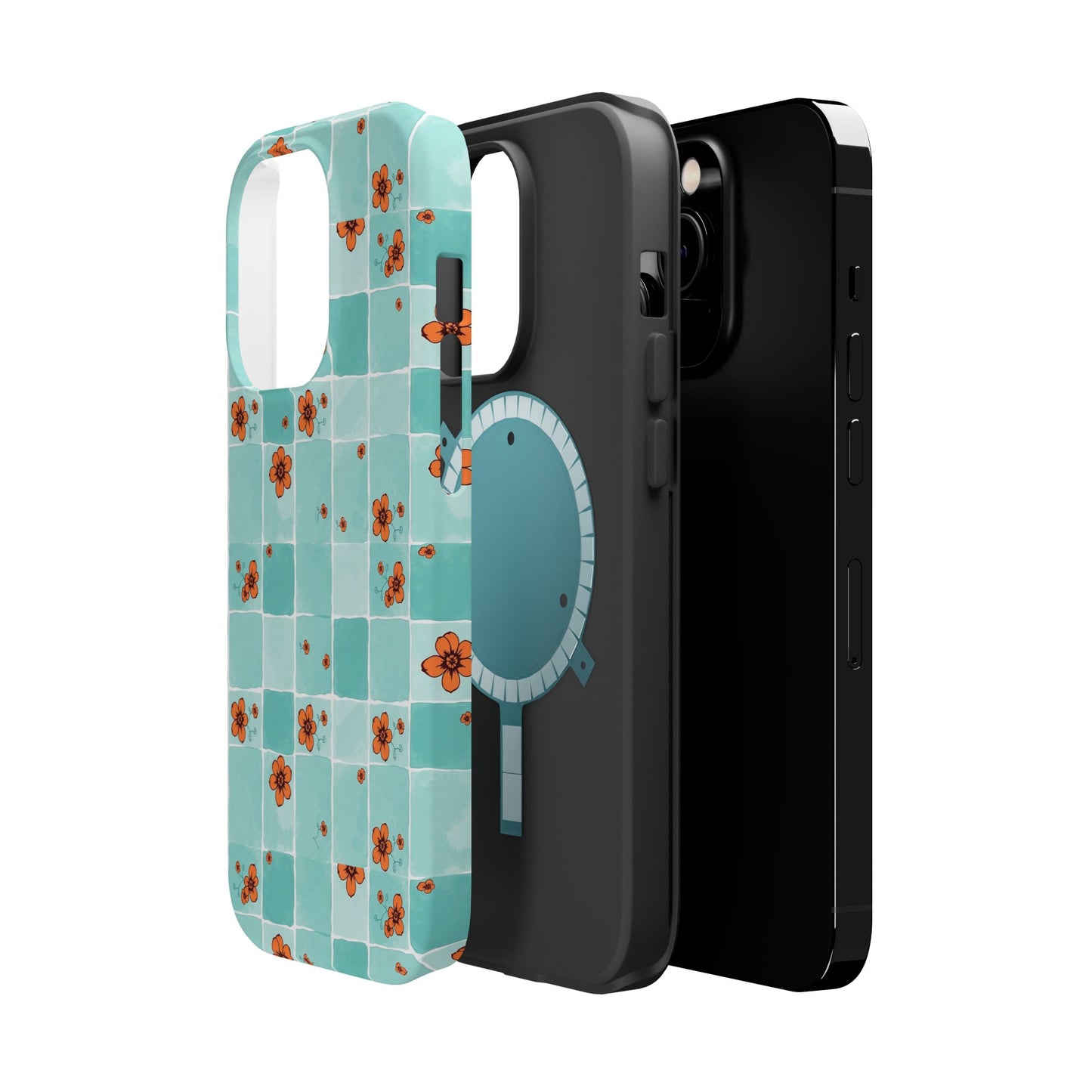 Floral Checkerboard Phone Case — Turquoise Retro Tile Pattern, Magnetic Impact-Resistant