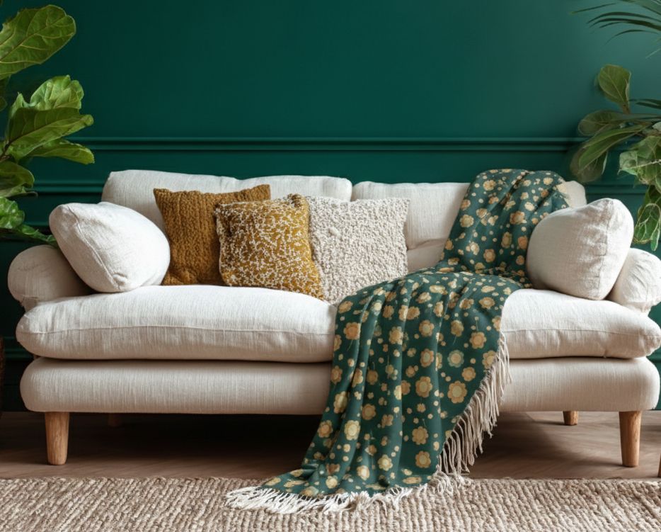 Floral Sherpa Blanket — Cozy Vintage Green Flower Throw