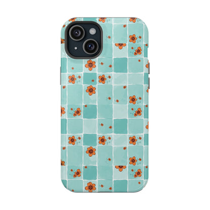 Floral Checkerboard Phone Case — Turquoise Retro Tile Pattern, Magnetic Impact-Resistant