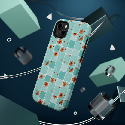 Floral Checkerboard Phone Case — Turquoise Retro Tile Pattern, Magnetic Impact-Resistant
